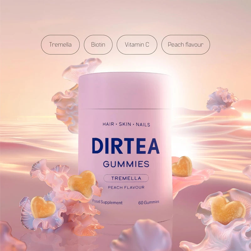 DIRTEA 60 Tremella Mushroom Gummies with Biotin & Vitamin C | Hair, Nail & Skin Supplement (1 Month's Supply) | 3,000mg / Serving | Vegan, Natural & Sugar Free | 60 Gummies - Peach Flavour