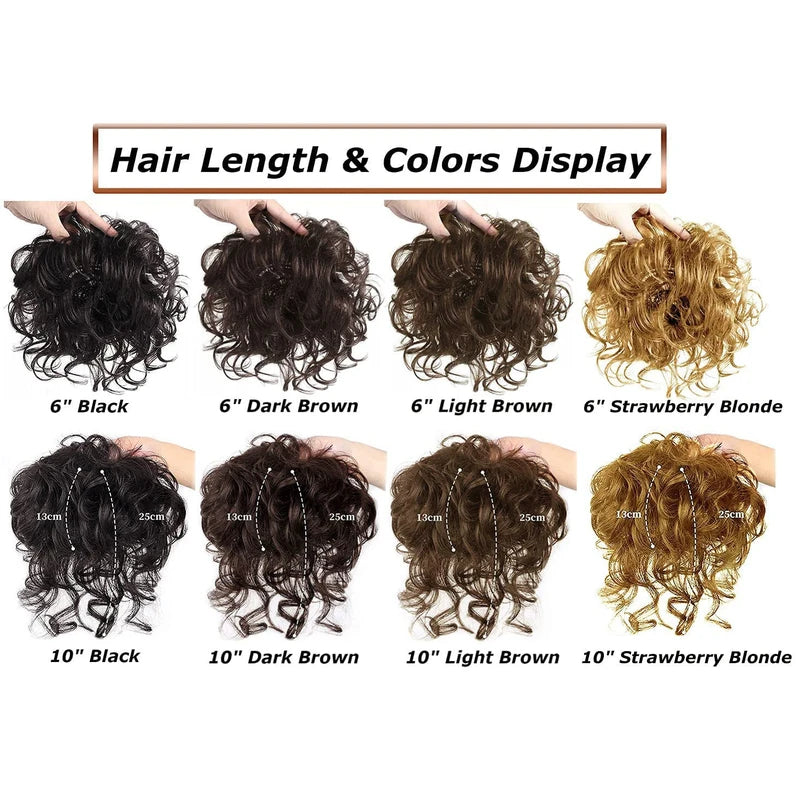 ICRAB Short Curly Real Human Hair Topper with Front Bangs for Women,Breathable Wiglets Hairpieces 5.1x5.1 Large Coverage Women Toupee Clip in Top Wavy Hair Pieces Topper(7",Light Brown)