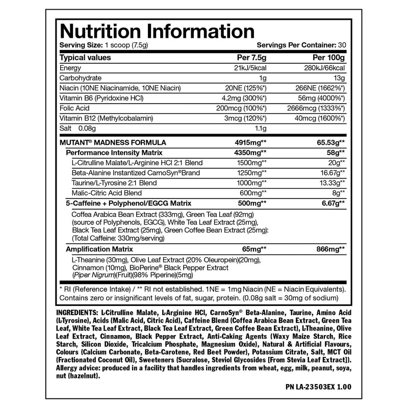 MUTANT Madness | Original Mutant Pre-Workout Powder| High-Intensity Workouts)| 30 Serving | 225 g (.83 lb) | Peach Mango