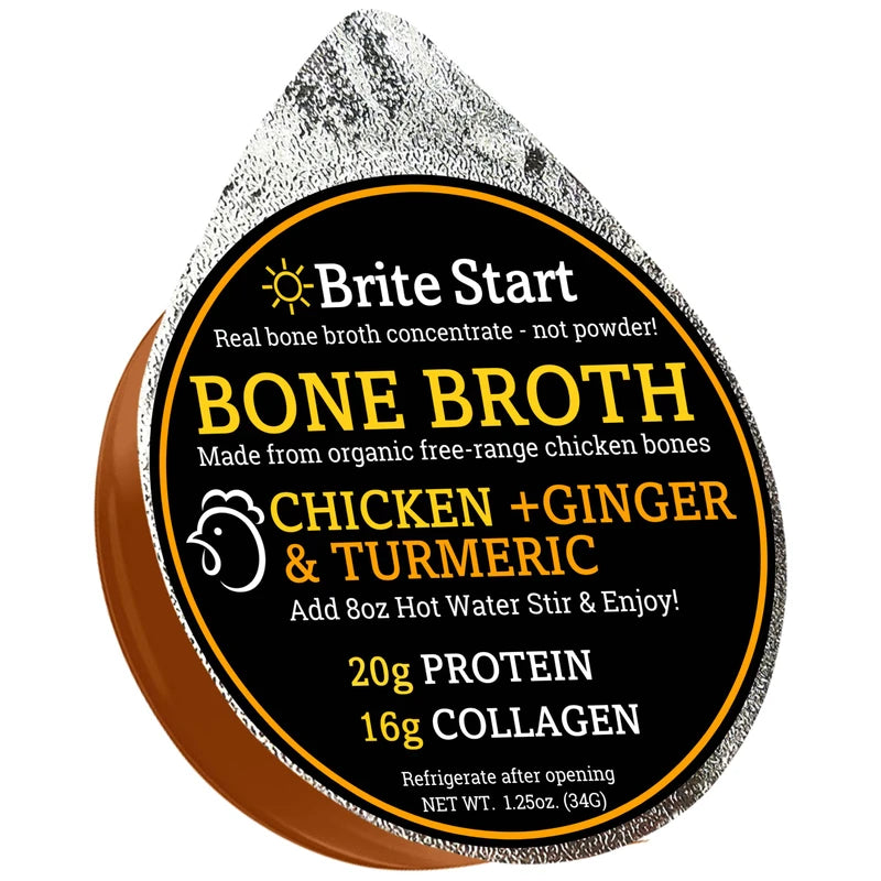 Brite Start Bone Broth - Chicken + Ginger & Turmeric - 4 Count - Keto Friendly Concentrate with 16g Collagen, 20g Paleo Protein - Made from Free Range Chicken Bones - Single Serve Packets