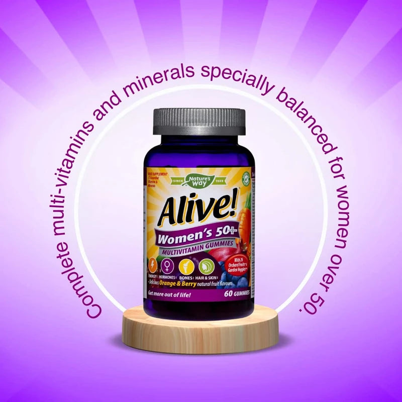 Alive! Women’s 50+ Multivitamin Gummies, Multi-Vitamins & Minerals with a Blend of 26 Fruits & Vegetables, Specially Balanced Formulation for Women, Suitable for Vegetarians - 60 Gummies