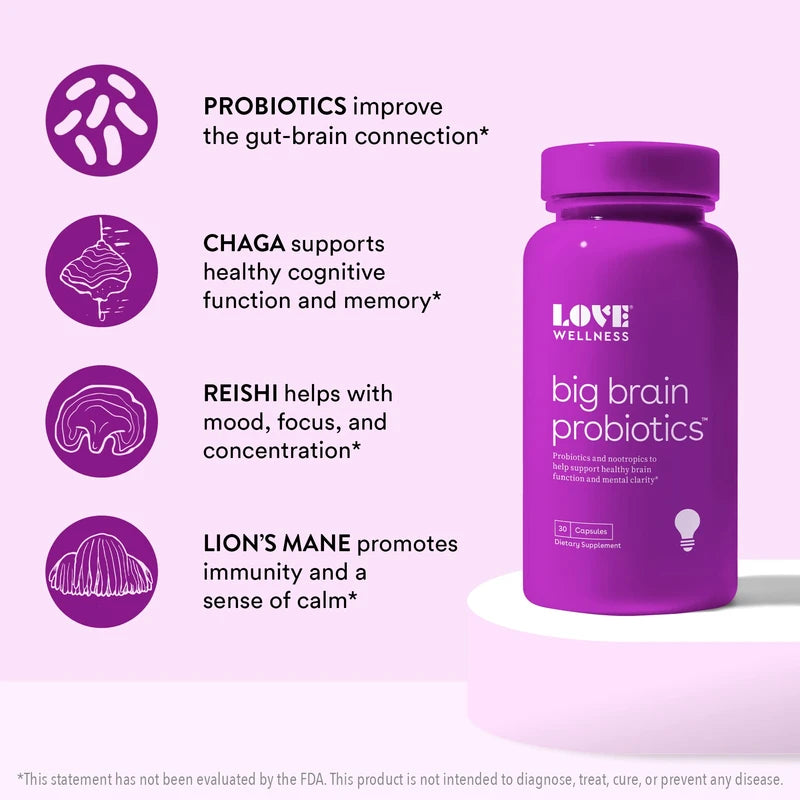 Love Wellness Nootropics Brain Support Supplement, Big Brain Probiotics | Brain Function, Focus, Cognitive Health, & Healthy Mood | Organic Reishi, Chaga, & Lions Mane Mushrooms | Vegan | 30 Capsules