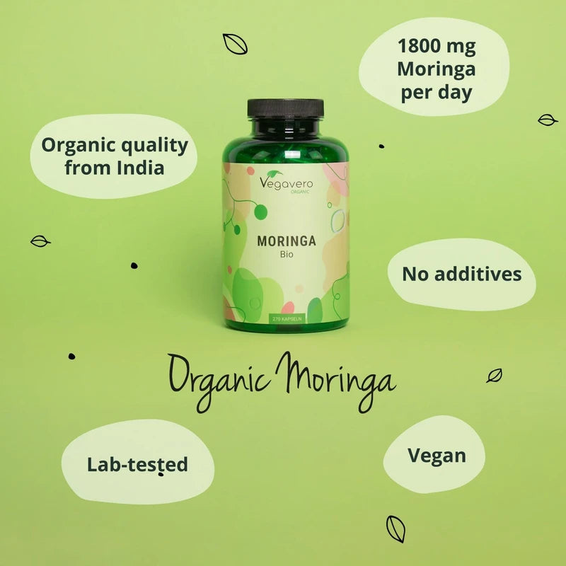 Vegavero Organic Moringa Oleifera Capsules 1800mg | Pure Moringa Powder | Non-GMO & Lab-Tested | No Additives | 270 Vegan Capsules | Malunggay Supplement | Organic Quality