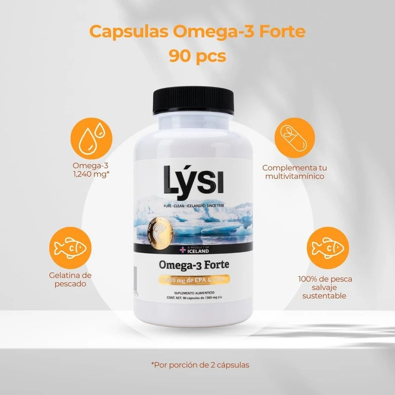 Lysi Omega-3 Forte 90 Capsulas, 1030 mg de EPA+ DHA, Aceite de Pescado 100% Salvaje y Sustentable, Importadas de Islandia.