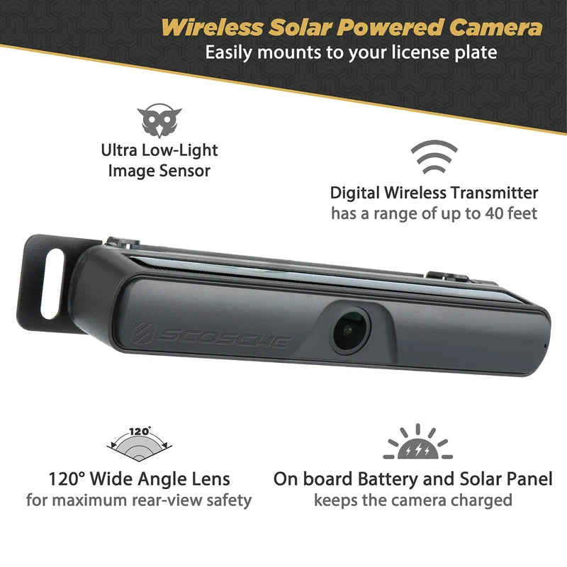 SCOSCHE WBUSSPF43 Wireless Solar Powered Backup Camera System with 4.3” Color Dash Monitor and License Plate Frame for Cars, Trucks and SUV’s