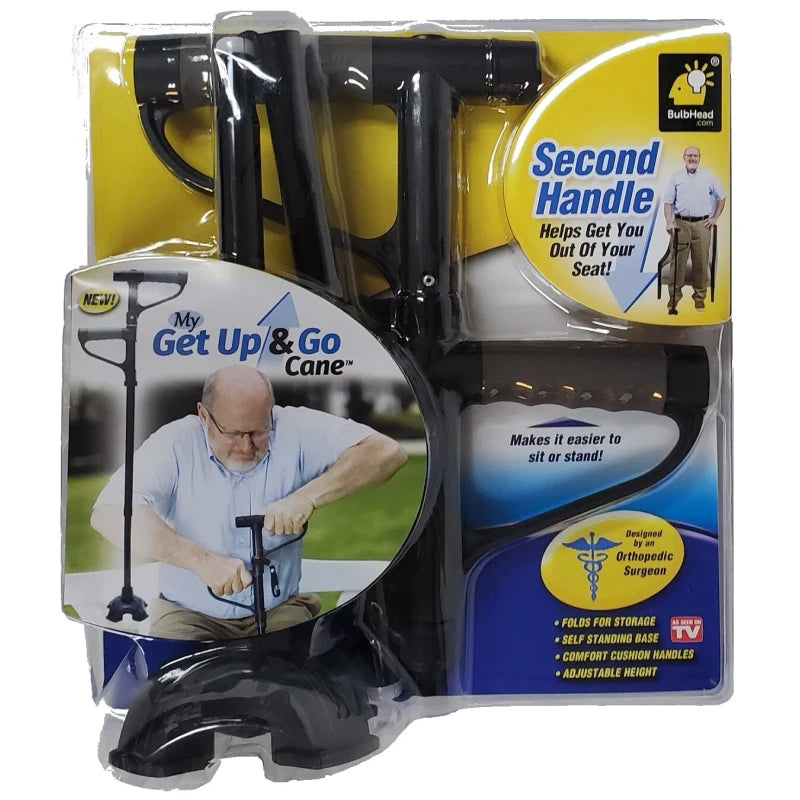 BulbHead My Get Up & Go Cane – Adjustable Portable Walking Support with Built-in LED Light, 4-Prong Freestanding Base, Fits Heights 29″–36″