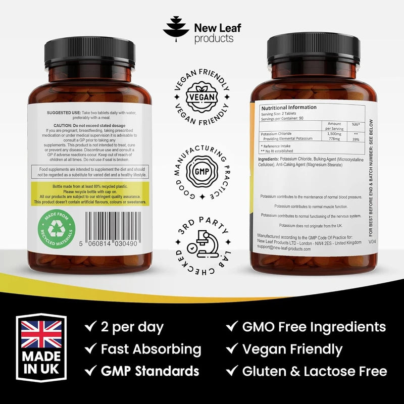 Potassium Supplements High Strength - 180 Vegan Potassium Tablets Mineral Electrolytes Supplement Contributes to Normal Muscle Function, Nervous System - Gluten-Free, Non-GMO, Made in UK by New Leaf