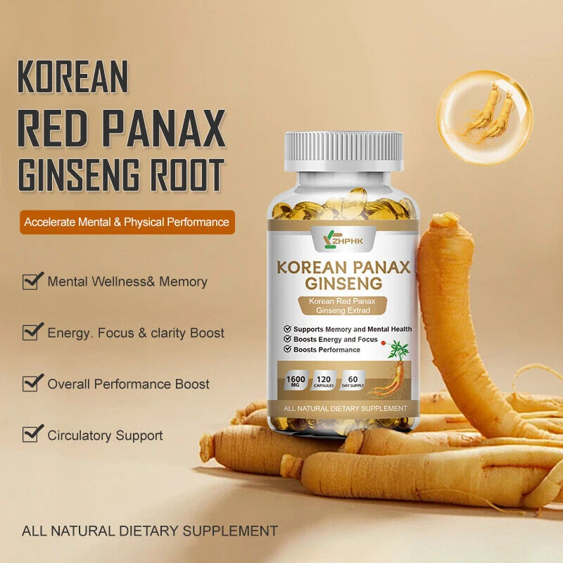 ZHPHK - Korean Red Panax Ginseng 1600mg 120 Capsules - No Fillers Extra Strength NON-GMO