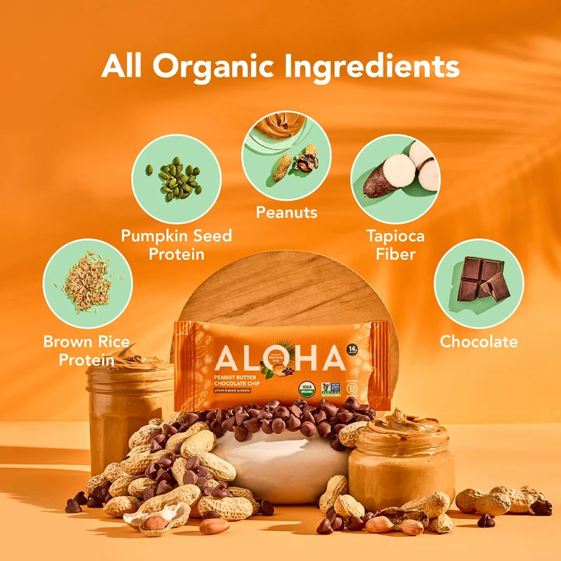 ALOHA Organic Plant Based Protein Bars |Peanut Butter Chocolate Chip | 1.98oz (Pack of 12) | Vegan, Low Sugar, Gluten Free, Paleo, Low Carb, Non-GMO, Stevia Free, Soy Free, No Sugar Alcohols