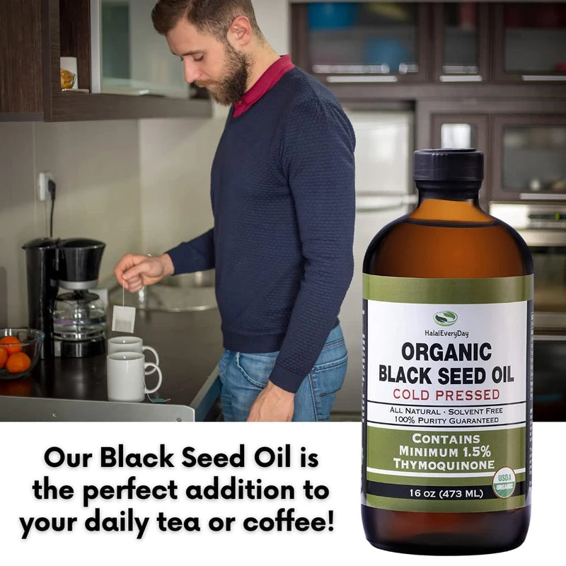 HalalEveryDay Organic Black Seed Oil - USDA Certified Cold Pressed Glass Bottle Over 1.5% Thymoquinone 3X strength Turkish Black Cumin Nigella Sativa non-GMO 100% Pure Blackseed Oil (8oz Glass Bottle)