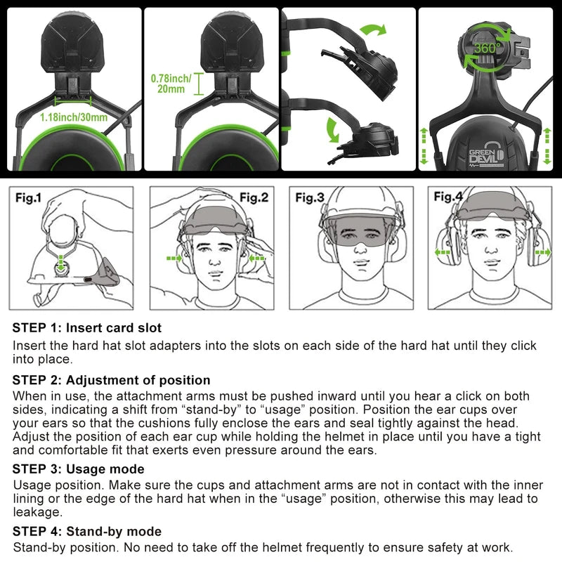 GREEN DEVIL Hard Hat Safety Helmet with Visor Bluetooth Ear Muffs and Headlamp 5 in 1 Full Protection Vented Work Hardhat ANSI Z89.1 Cascos De Construccion for Industrial Construction Forestry