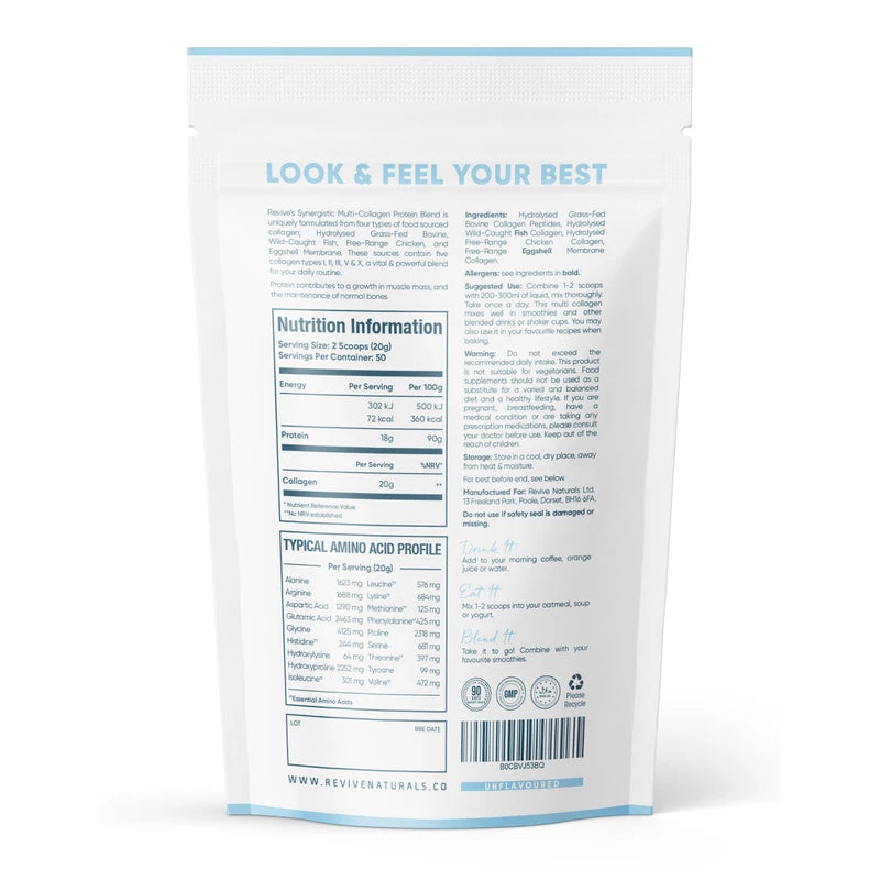 Multi Collagen Protein Powder (1kg) - Types I, II, III, V & X - Hydrolyzed Grass Fed Bovine, Wild Caught Fish, & Free-Range Chicken & Eggshell Collagen. Non-GMO, Halal.