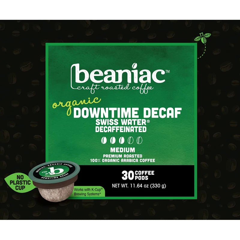 beaniac Organic Down Time Decaffeinated Medium Roast, Single Serve Coffee Pods, Arabica Coffee, Plant-Based, 30 Count
