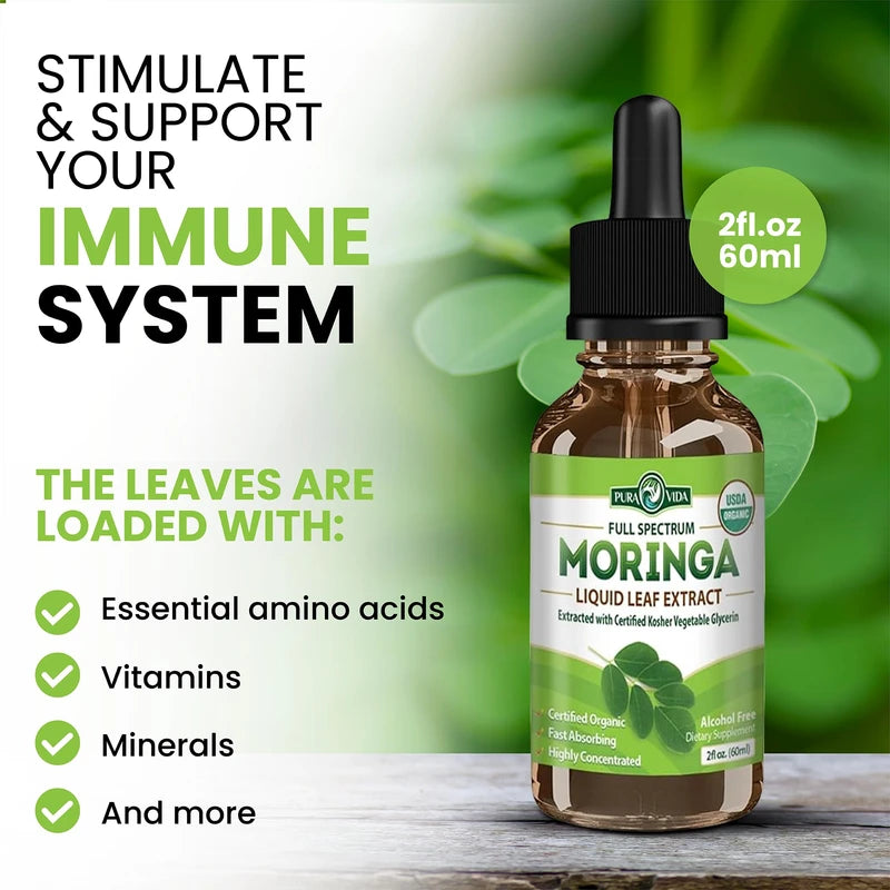 PURA VIDA MORINGA Organic Moringa Leaf Extract Liquid Drops - USDA Organic Certified - Highly Purified, Bioavailable & Faster Absorption Than Moringa Powder or Capsules - Single Origin Moringa Oleifera Leaves Extract