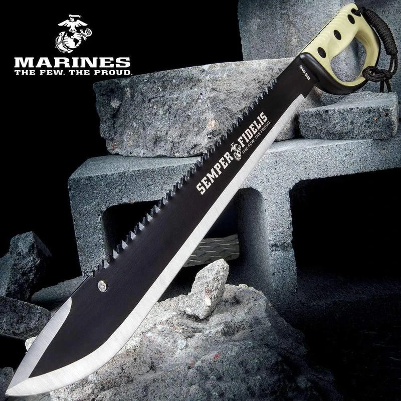 United Cutlery USMC Semper Fi Sawback Machete Knife with Sheath | Full-Tang Machete | 17 1/2" Non-Reflective Stainless Steel Blade | Saber-Style Handguard Handle | Modern Tactical Weapon - 24” Overall