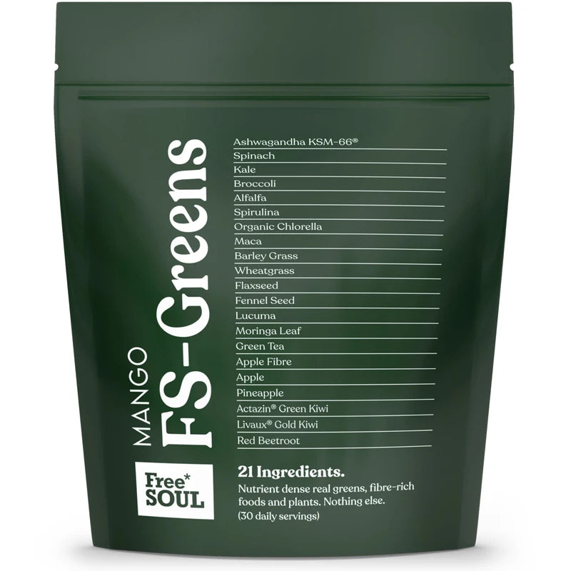 FS-Greens | 21 Advanced Greens, Superfoods, and Adaptogens Including KSM-66® Ashwagandha | Vegan & Gluten-Free | Advanced Formula | UK Made | Free Soul (30 Servings) (Mango)
