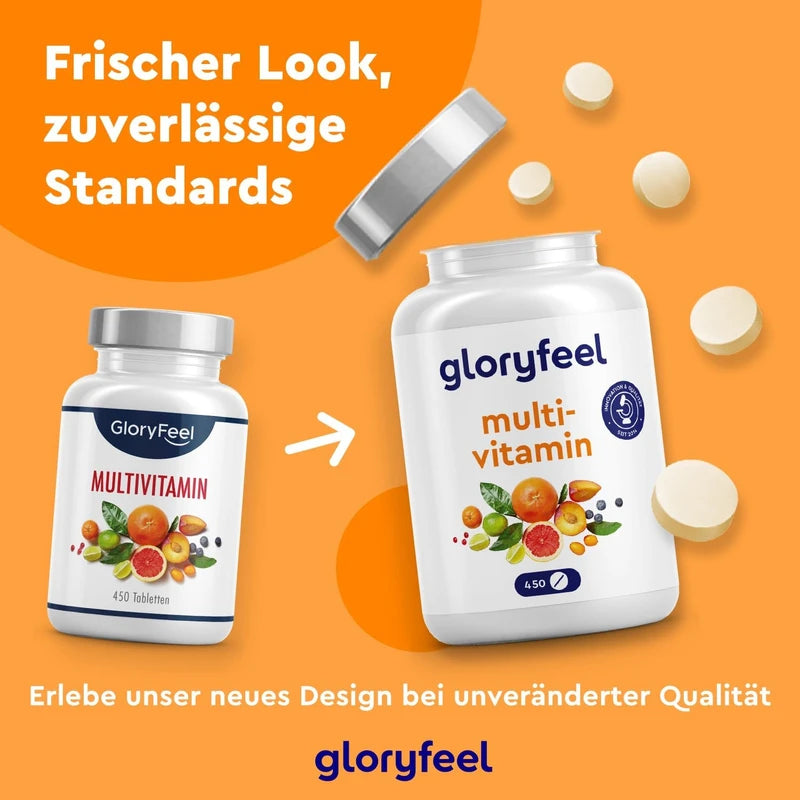 gloryfeel High Dose Multivitamin, 450 Tablets (15 Months), All Valuable A-Z Vitamins and Minerals, Supports the Immune System, Laboratory Tested without Additives, Made in Germany