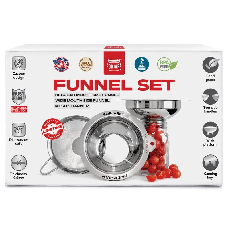 Forjars Canning Funnel Set - with Strainer for Wide and Regular Mason Jars and Food Funnels for Transferring Oils - Durable, Small, Stainless Steel Kitchen Funnel Set - Canning Supplies Kit