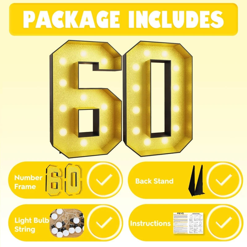 4FT Marquee 60 Numbers, Light Up 60 Glitter Gold Giant Marquee Mosaic Numbers Frame Light Up Numbers for 60th Birthday Party Decorations Mosaic Number 4,DIY Frame Pre-Cut Foam Board Kit