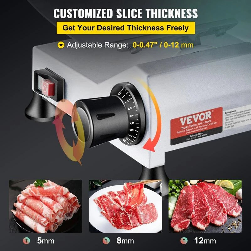 VEVOR Commercial Meat Slicer, 240W Electric Deli Food Slicer, 10" Carbon Steel Blade Electric Food Slicer, 350-400RPM Meat Slicer, 0 - 0.47 inch Thickness Adjustable for Commercial and Home Use - Blade Diameter: 7.5 inch - 180W