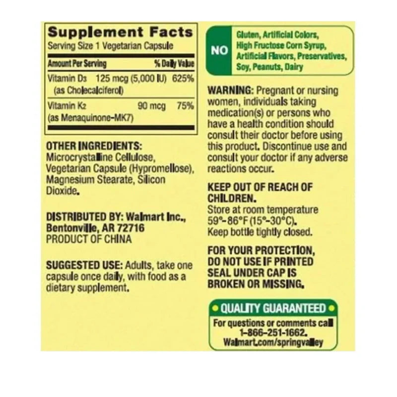 Spring Valley Vitamin K2 (90mcg)+ D3 (125mcg) Vegetarian Capsules, 90 Ct 01/2026