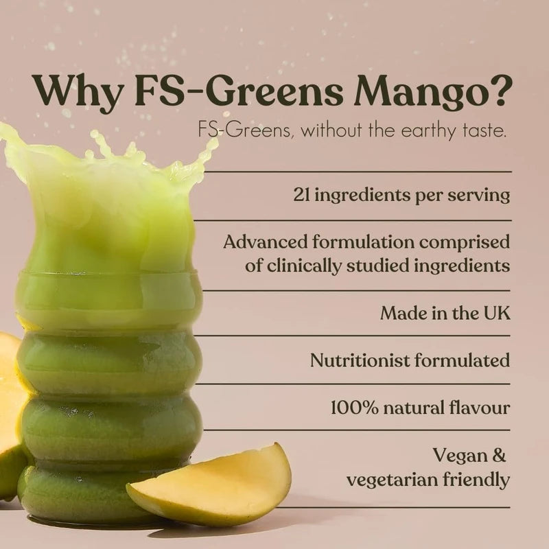 FS-Greens | 21 Advanced Greens, Superfoods, and Adaptogens Including KSM-66® Ashwagandha | Vegan & Gluten-Free | Advanced Formula | UK Made | Free Soul (30 Servings) (Mango)