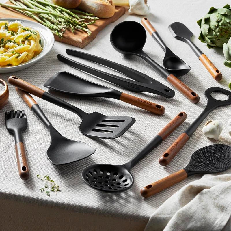 STAUB Silicone Kitchen Tools, Wood Handled Cooking Utensil Sets - Color: Matte Black, Size: 3-pc