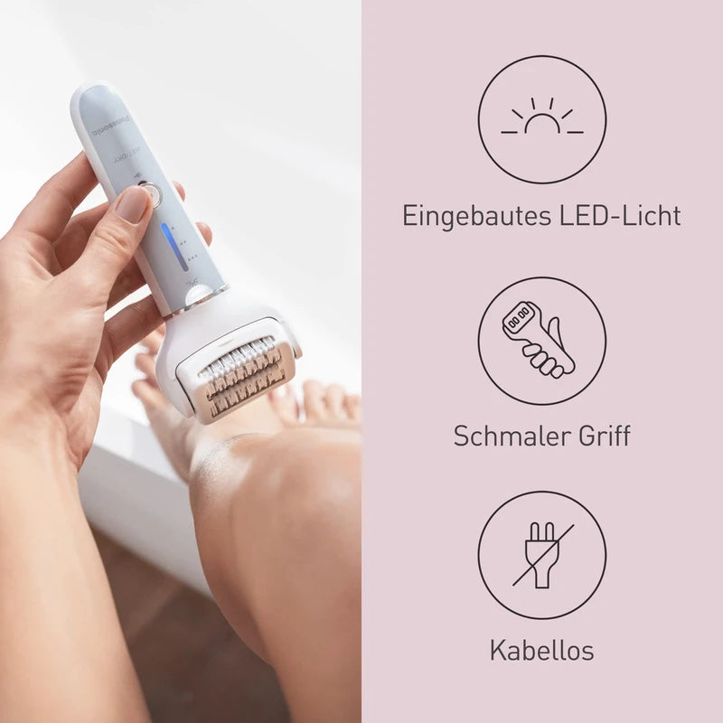 Panasonic ES-EY90-A503 Wet/Dry Epilator, Dual Disc with 60 Tweezers, 90° Swivel Head, 3 Speeds & LED Light, 30 Minutes Operation, Wireless, Hair Remover, Scissors and Foot Care Head