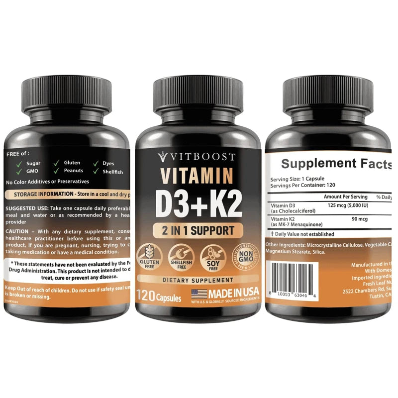 VITBOOST Vitamin D3 K2 Complex - Easy to Swallow - Vitamin D (D3) 5000 IU (125 mcg) & K2(MK-7) 90 mcg | Non-GMO | Gluten-Free | USA Made | 120 Capsules