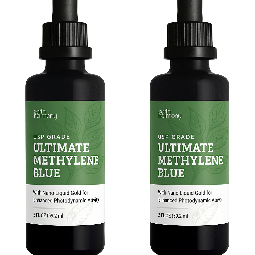 2 Pack Earth Harmony Methylene Blue 1% Pharmaceutical Grade Supplement with Dropper, Includes Nano Liquid Gold, Methylene Blue USP Grade, No Formaldehyde (2 Oz)