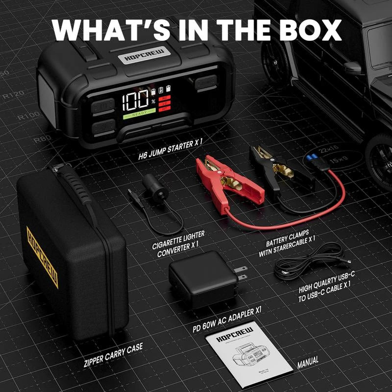 HOPCREW 6000A Jump Starter – HOPCREW 32000mAh 12V Battery Booster for Gas & Diesel Engines (Up to 12L), LED Display, 60W PD Fast Charging, Integrated LED Light - Specification: Default