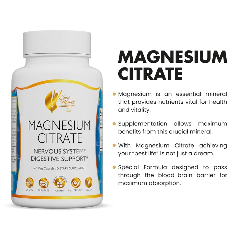 Coco March Magnesium Citrate - Relaxation- Sleep - Nervous & Digestive System Support, Gluten Free, Soy Free, Dairy Free, Keto Friendly, Vegan, 800 mg per Serving, 120 Capsules - 30 Servings