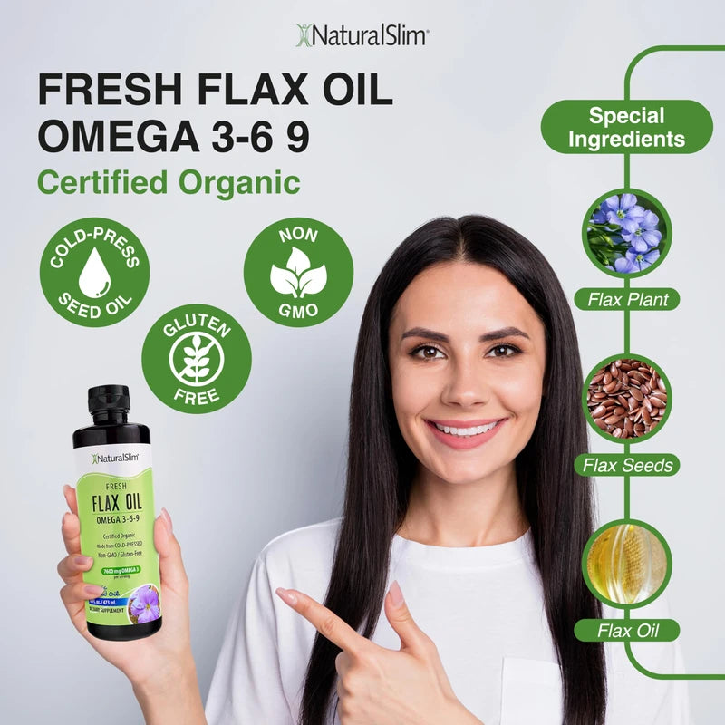 NaturalSlim NaturalSlim Flax Oil - Flaxseed Oil Liquid Supplement with Omega 3 6 9 - Cold-Pressed Certified Organic Flax Seed Oil for Hair, Skin, Nails, Healthy Cells & Vegetable Oil for Cooking - 16 fl. Oz.