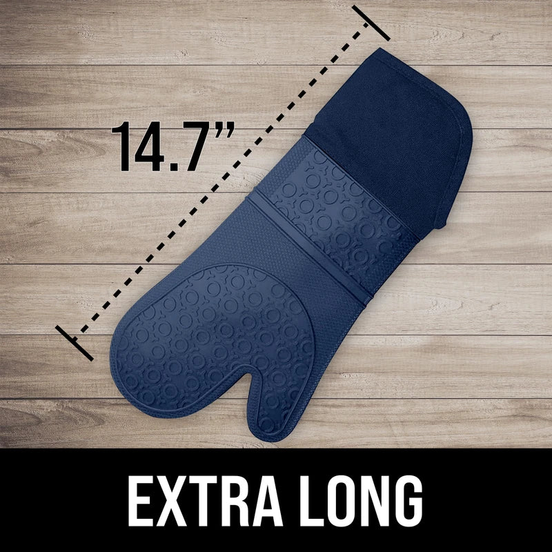 HOMWE Extra Long Professional Silicone Oven Mitt, Oven Mitts with Quilted Liner, Heat Resistant Pot Holders, Flexible Oven Gloves, Navy Blue, 1 Pair, 14.7 Inch