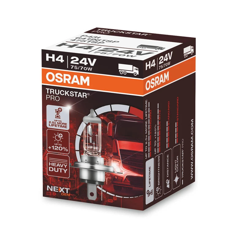 OSRAM Truckstar® Pro H4, 120% more brightness, halogen headlight bulb, 64196TSP, 24 V truck lamp, folding box (1 lamp)