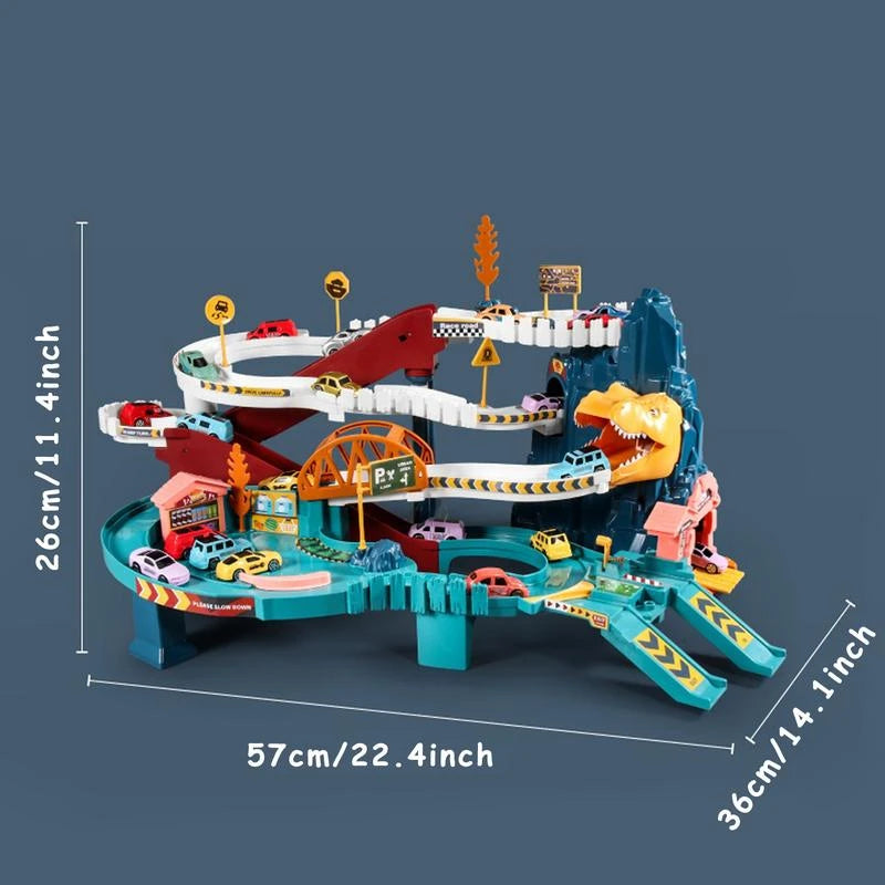 Dinosaur Hill Toy Car Ramp Track Playset with 4 Mini Racer Cars, Colorful Climbing Hills, and Railcar Track - Perfect Construction Gift for Preschool Kids Ages 3 and Up - Color: Dinosaur Rail Car Green