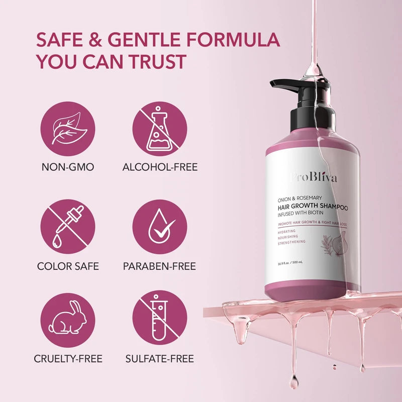 ProBliva Onion & Rosemary Hair Growth Shampoo: Biotin Infused Shampoo for Hair Loss and Thinning Hair - Promotes Healthier, Thicker and Stronger Hair for Women and Men - 16.9 oz
