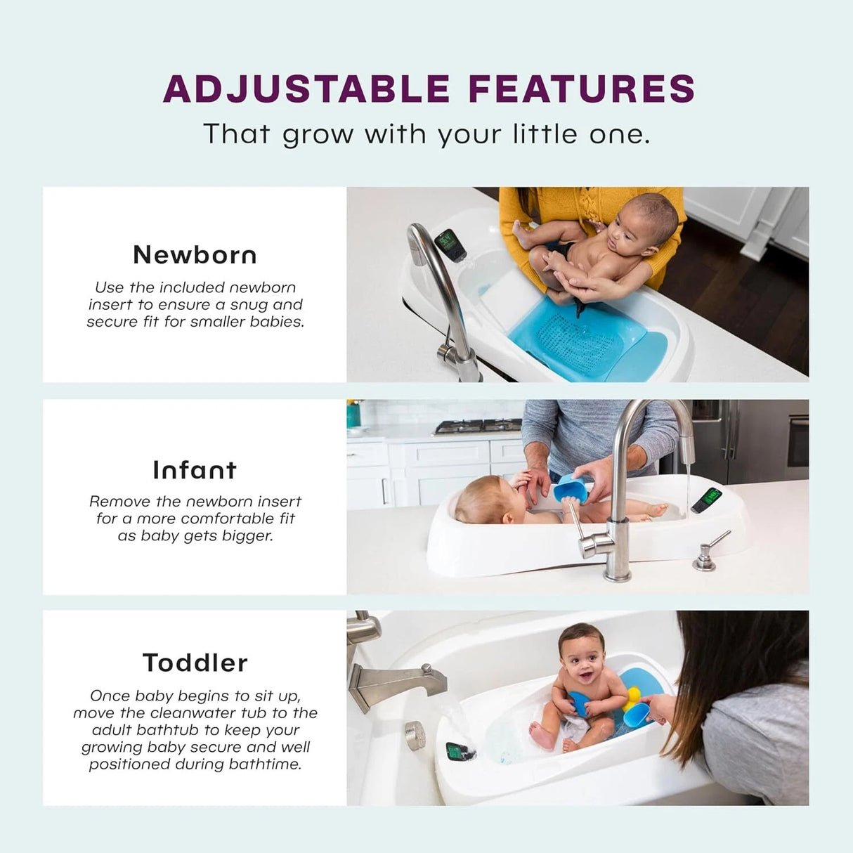 4moms Cleanwater Tub, 3-in-1 Grow-with-Me Baby Bathtub with Digital Thermometer