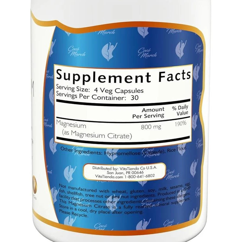 Coco March Magnesium Citrate - Relaxation- Sleep - Nervous & Digestive System Support, Gluten Free, Soy Free, Dairy Free, Keto Friendly, Vegan, 800 mg per Serving, 120 Capsules