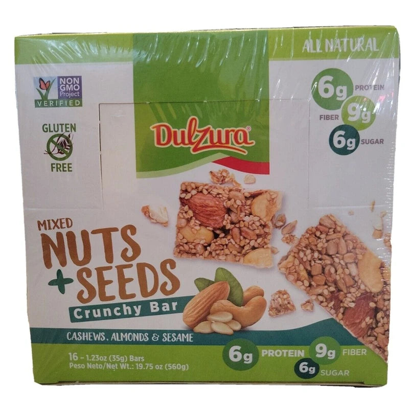 Dulzura All Natural Mixed Nuts + Seeds Crunchy Bars PK-16 GLUTEN FREE NON GMO