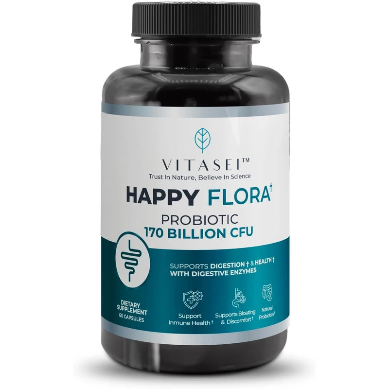 Happy Flora, Probiotic Supplement 170 Billion CFU for a Healthy Gut Health with enzymes for Digestion, probiotics for Women and Men, 1 Bottle - 60 Capsules