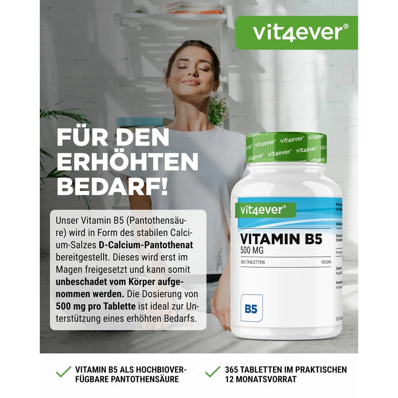 Vitamin B5-365 Tablets - 500 mg Pantothenic Acid - 1 Year Supply - High Dose - No Unwanted Additives - Vegan