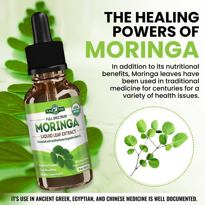 PURA VIDA MORINGA Organic Moringa Leaf Extract Liquid Drops - USDA Organic Certified - Highly Purified, Bioavailable & Faster Absorption Than Moringa Powder or Capsules - Single Origin Moringa Oleifera Leaves Extract