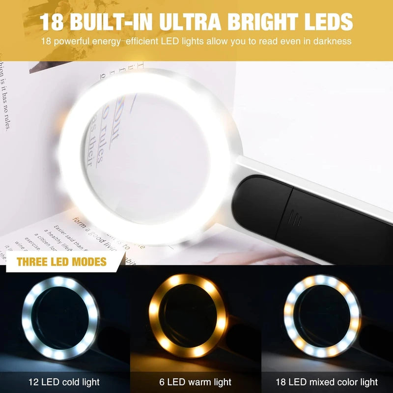 Magnifying Glass with Light, 30X Handheld Large Magnifying Glass 18LED Cold and Warm Light with 3 Modes, Illuminated Lighted Magnifier for Seniors Reading, Inspection, Coins, Jewelry, Exploring
