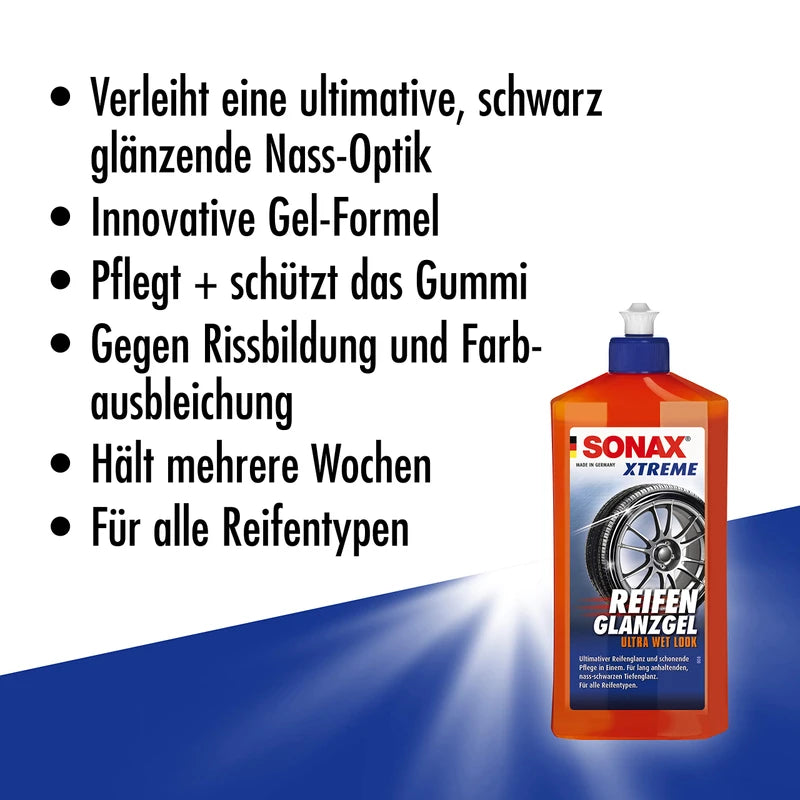 SONAX Xtreme Tyre Gloss Gel (500 ml) Nourishes and Protects Rubber and Tyres From Cracking and Colour Fading, Long-Lasting Tyre Gloss, Item No. 02352410