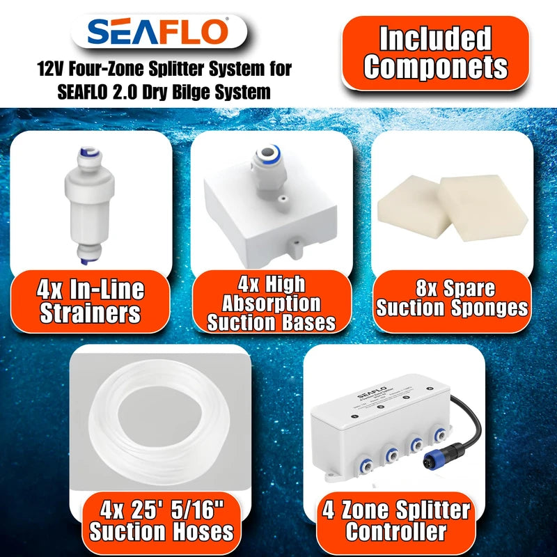 SEAFLO Dry Bilge 4-Zone Splitter System (12V) - 4 Year Warranty, Four Way Inlet Water Solenoid Valve, Marine Yacht Bilge Management