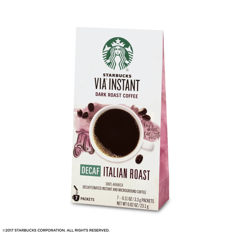 Starbucks VIA Instant Decaf Coffee Packets — Italian Roast — 100% Arabica — 1 box (7 packets)