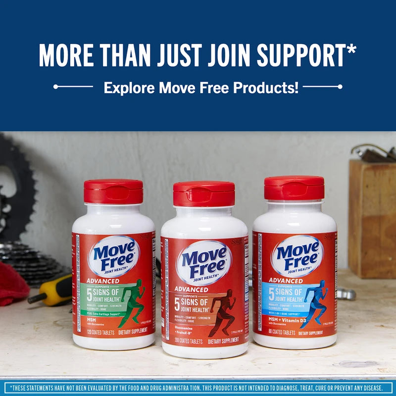 Move Free Advanced Glucosamine Chondroitin MSM + Vitamin D3 Joint Support Supplement, Supports Mobility Comfort Strength Flexibility & Bone + Immune Health - 120 Tablets (60 servings)*