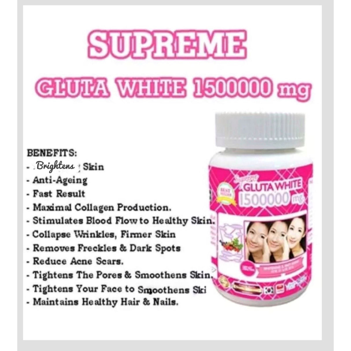 3 Bottles X 30 Softgels Supreme Gluta White 1500000mg. Super Whitening Glutathione Anti - Aging. (Supreme Whitening Skin Boost up Collagen Remove Dark Spot and Scar Tighten Pore Healthy Skin and Hair)