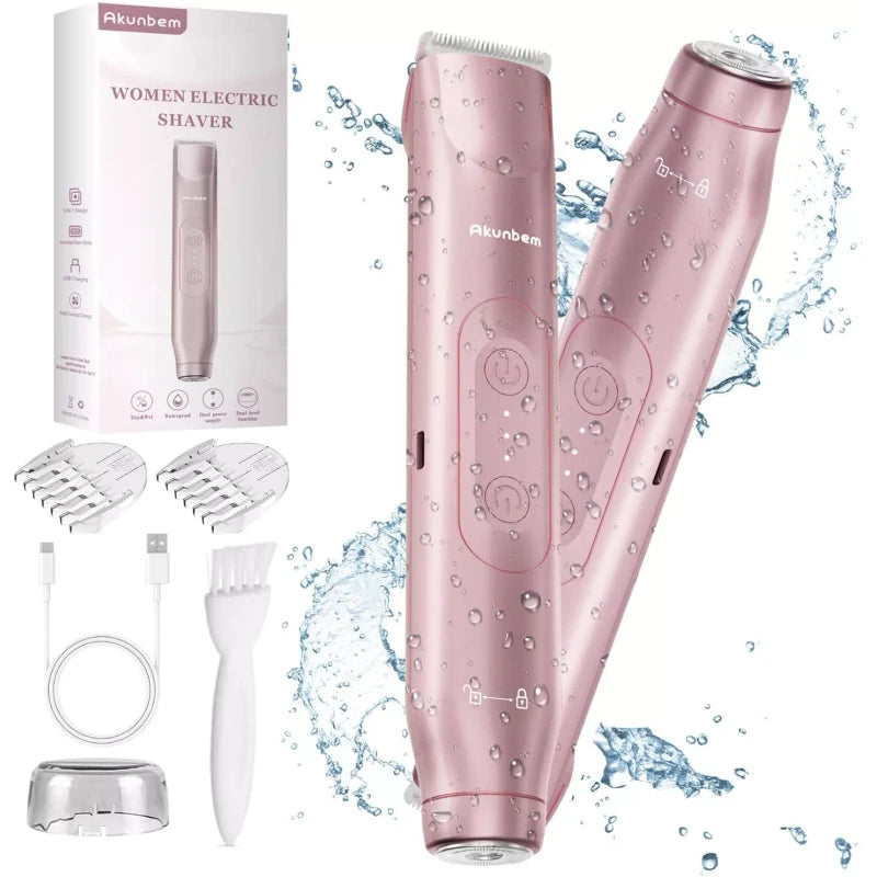 Akunbem Women Electric Shaver, Dual Head Bikini Trimmer, IPX7 Waterproof Wet & Dry Use